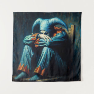 Tenture Jester Portant Du Bleu Assis Sur La Chaise