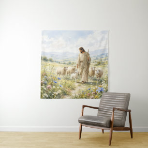 Tenture Jésus Bon Berger Fleur Sauvage Aquarelle