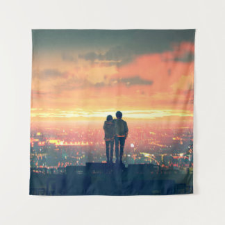 Tenture jeune couple debout sur le toit en regardant c