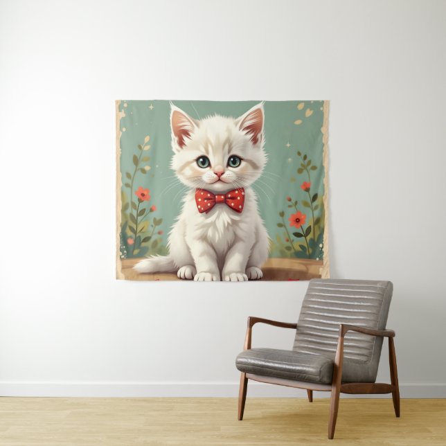 Tenture Joli adorable chat blanc avec noeud papillon (En situation (horizontale))