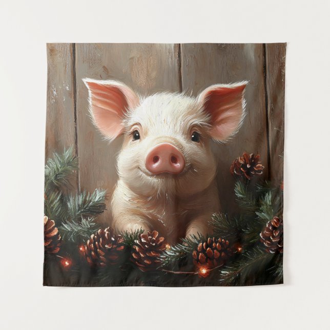 Tenture Joli Cochon de Noël Peinture rustique (Devant)