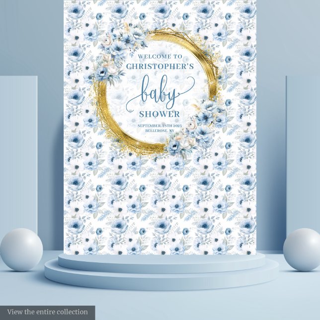Tenture Joli Fond de Décoration pour Baby Shower avec Fleu (Cute Dusty Blue Gold Flowers Baby Shower Backdrop

)