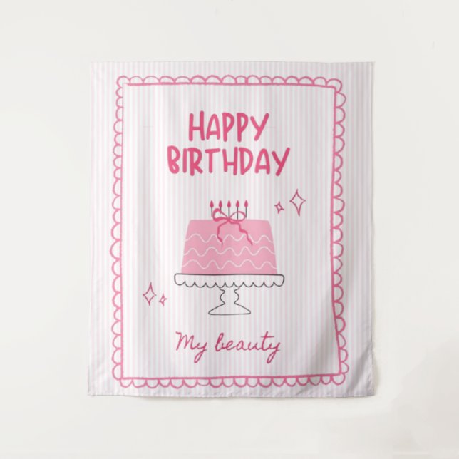 Tenture Joli gâteau d'anniversaire rose "Joyeux Anniversai (Devant)