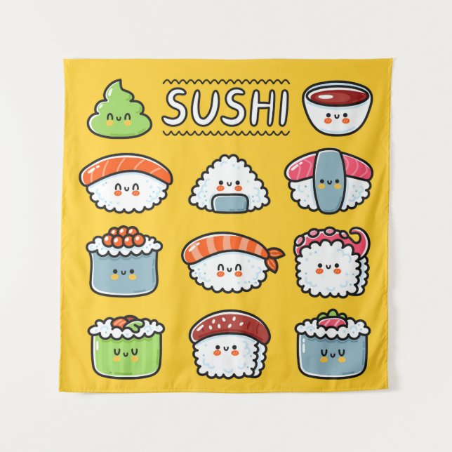 Tenture Joli joli joyeux sushi maki rouleaux dessin animé  (Devant)