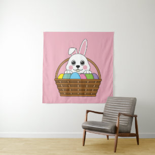 Tenture Joli lapin blanc coloré Pâques Panier de chasse au