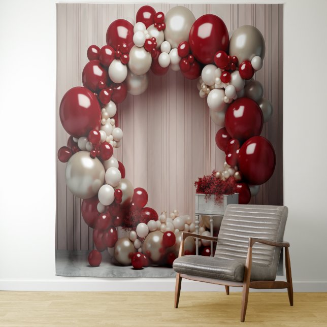 Tenture Jolie arche de ballons rouges et gris suspendue (En situation)