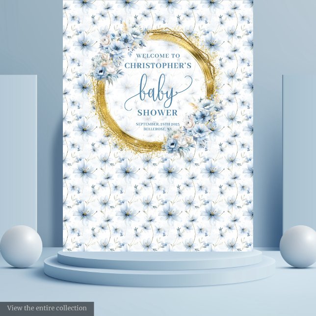 Tenture Jolie bannière de baby shower or aux fleurs pastel (Pretty pastel blue flowers gold baby shower banner Tapestry)