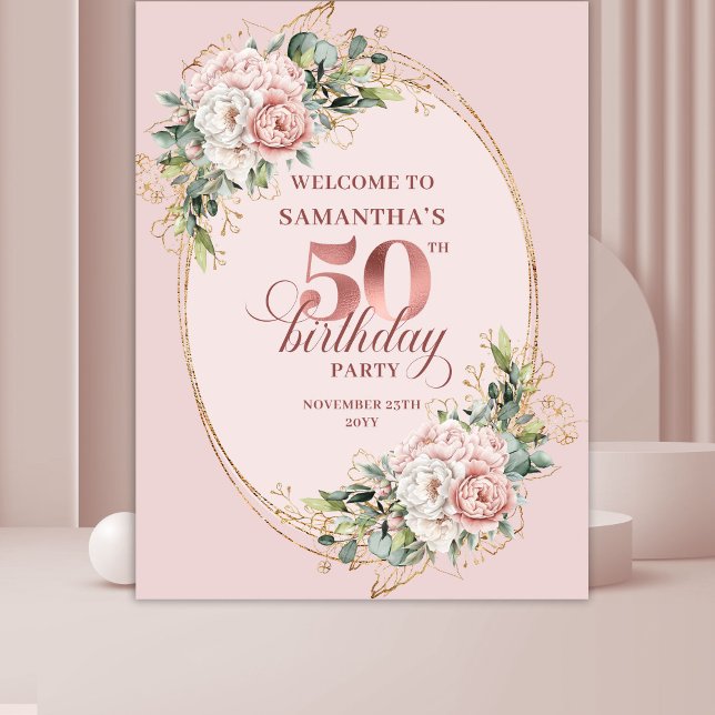 Tenture Jolie fête d'anniversaire de 50 ans avec verdure e (Lovely Rose Gold Greenery 50th Birthday Celebration Backdrop

)