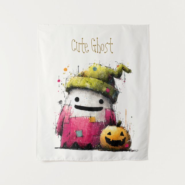 Tenture Jolie Patchwork Aquarelle Fantôme Halloween (Devant)