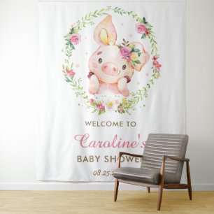Tenture Jolie petite cochonne rose florale Bienvenue à la