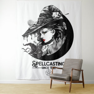 Tenture Jolie sorcière et sorcellerie de chat noir wiccan 