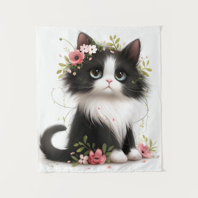 Tenture Jolie Tuxedo Kitten avec des fleurs Jeu d'oreiller (Devant)