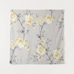 Tenture jolies fleurs jaunes avec motif feuille gris sur g