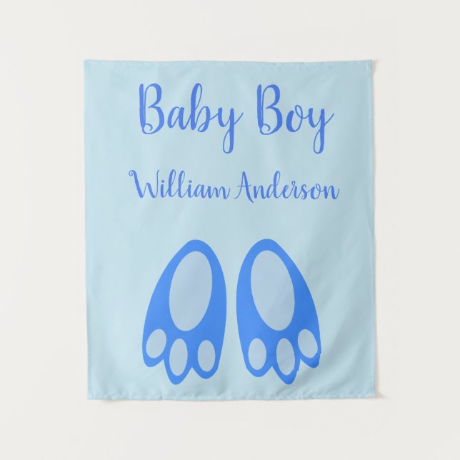 Tenture Jolis pieds de lapin bleu bébé garçon Pâques perso (Devant)