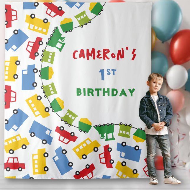 Tenture Jouets de garçons Transport Anniversaire de la fêt (Boys Toys Colorful Transport Birthday Party Photo Backdrop Tapestry @ zazzle.com/fatfatin_mini_me)