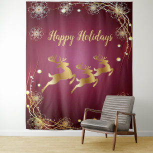 Tenture Jour de Noël Golden Reindeers Rouge rose Élégant