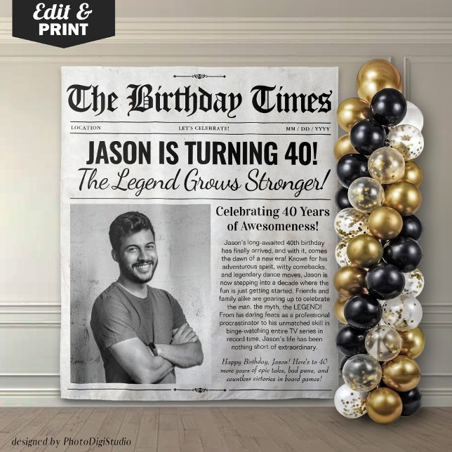 Tenture Journal d'anniversaire personnalisé Contexte avec  (Custom Birthday Newspaper Backdrop with Photo)