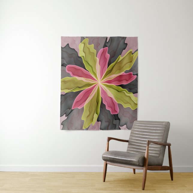 Tenture Joy, Vert rose Anthracite Imaginaire Fleur Fractal (En situation)