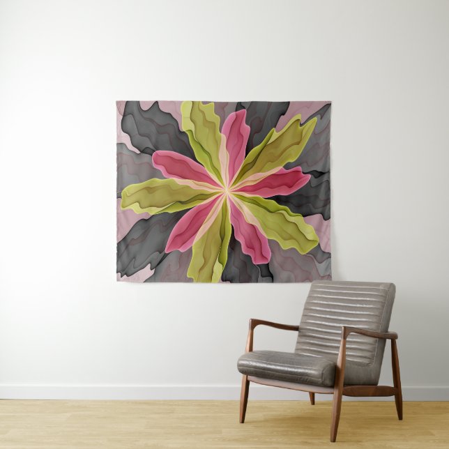 Tenture Joy, Vert rose Anthracite Imaginaire Fleur Fractal (En situation (horizontale))