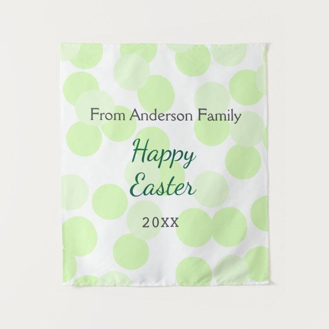 Tenture Joyeuses Pâques pois gris vert nom de famille (Devant)
