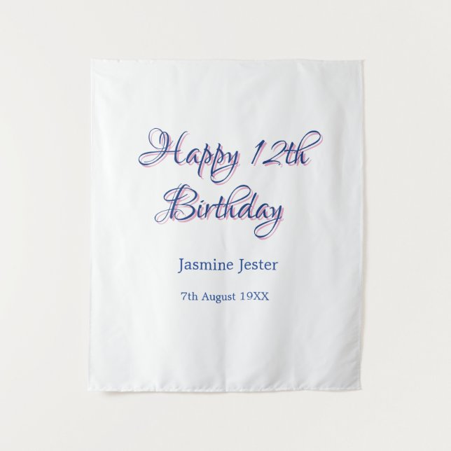 Tenture joyeux 12ème anniversaire bleu rose nom date simpl (Devant)