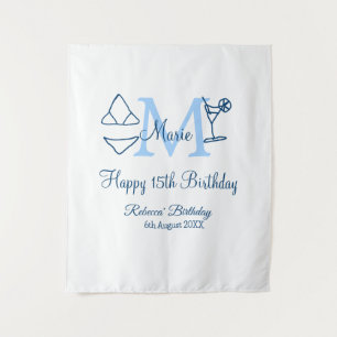 Tenture Joyeux 15e anniversaire bikini monogramme bleu ajo