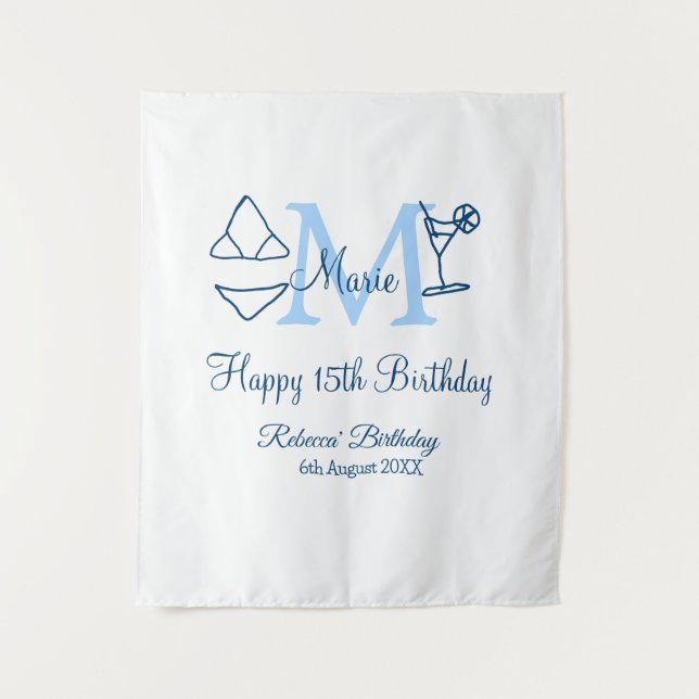 Tenture Joyeux 15e anniversaire bikini monogramme bleu ajo (Devant)