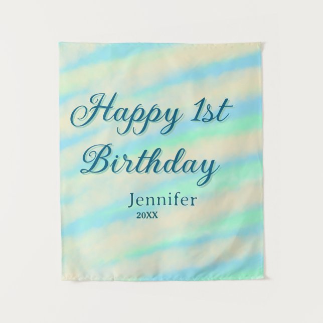 Tenture Joyeux 1er anniversaire enfants bébé bleu vert pas (Devant)