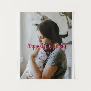 Tenture Joyeux 1er anniversaire enfants bébé mère rouge or