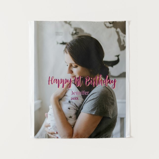 Tenture Joyeux 1er anniversaire enfants bébé mère rouge or (Devant)