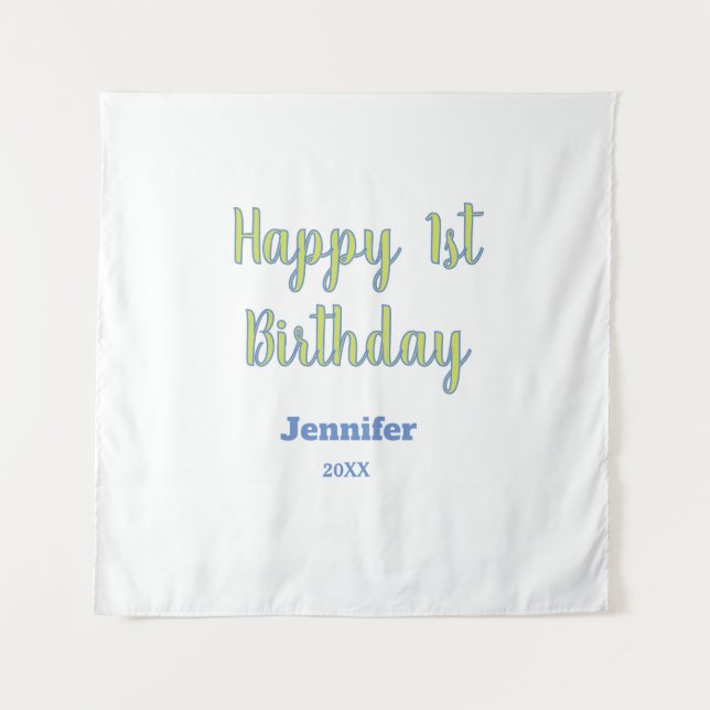 Tenture Joyeux 1er anniversaire enfants bébé vert bleu pas (Devant)