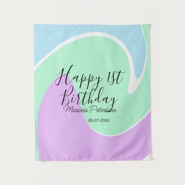 Tenture Joyeux 1er anniversaire rose vert bleu acrylique v (Devant)