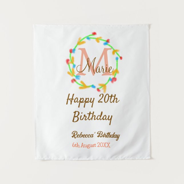 Tenture Joyeux 20e anniversaire couronne monogramme rouge  (Devant)