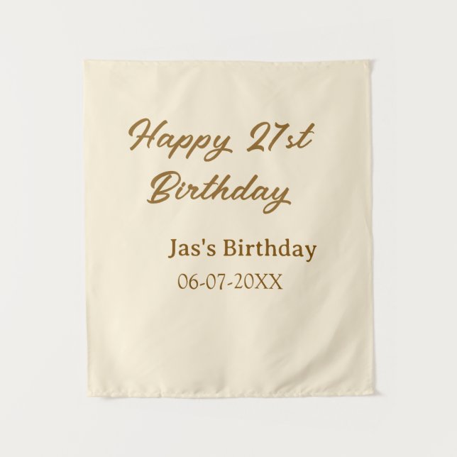 Tenture Joyeux 21e anniversaire brun pastel jaune nom date (Devant)