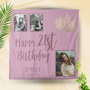 Tenture Joyeux 21e Anniversaire Fond avec 3 Photos Feuilla