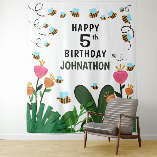 Tenture Joyeux Anniversaire Abeilles Fleurs Fond de Jardin (En situation)