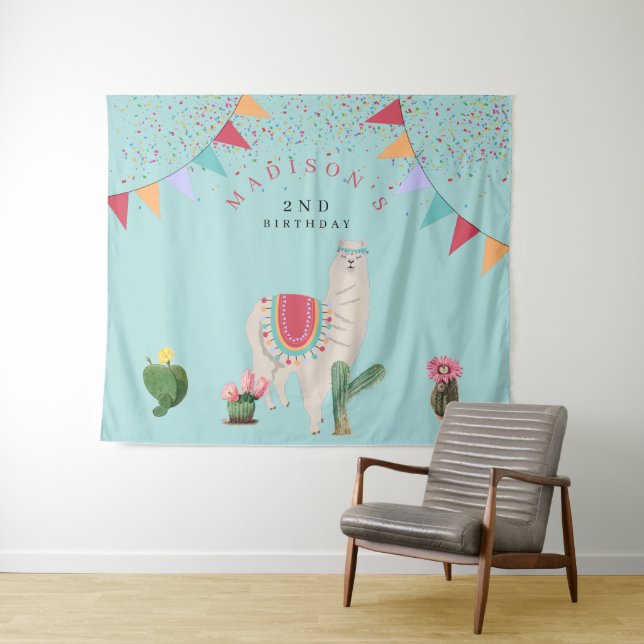 Tenture Joyeux Anniversaire Llama et Cactus Fiesta Enfants (En situation (horizontale))