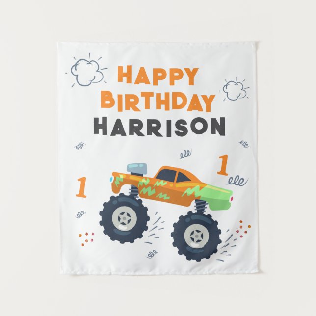 Tenture Joyeux Anniversaire Moderne Monster Car Trucks Nom (Devant)