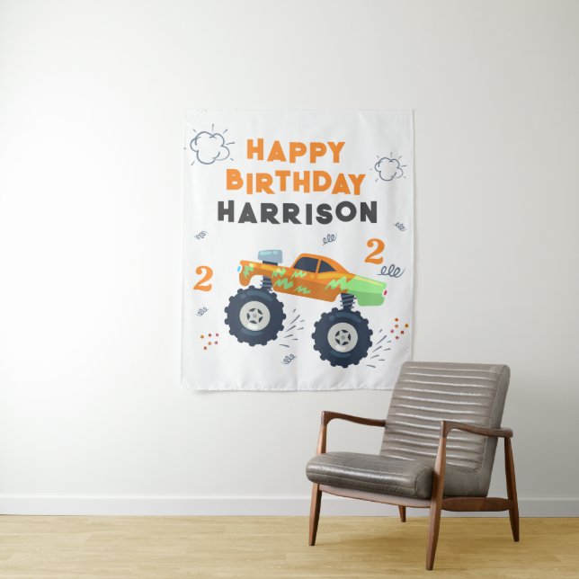 Tenture Joyeux Anniversaire Moderne Monster Car Trucks Nom (En situation)