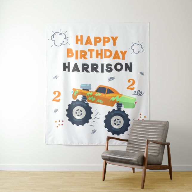 Tenture Joyeux Anniversaire Moderne Monster Car Trucks Nom (En situation)