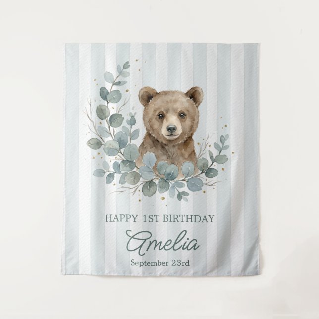 Tenture Joyeux Anniversaire Ourson Marron Aquarelle (Devant)