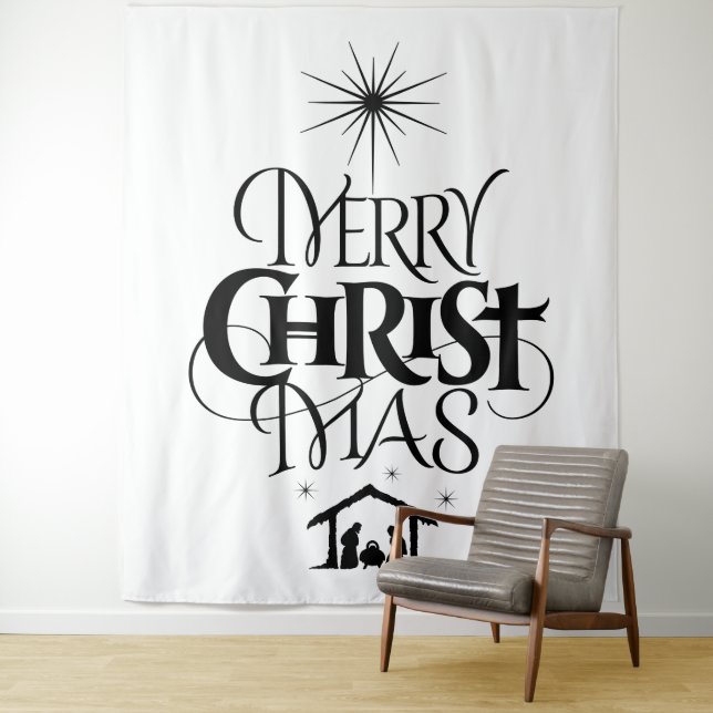 Tenture Joyeux CHRISTmas Christian Elegant noir blanc (En situation)