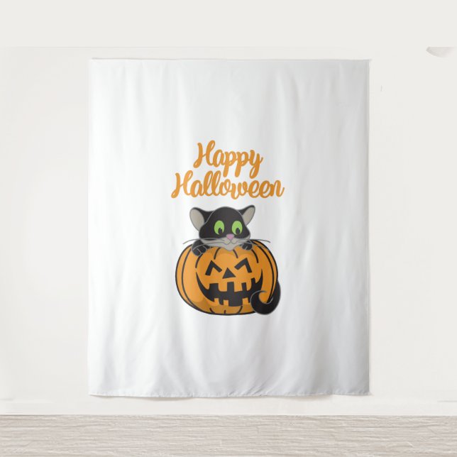 Tenture Joyeux Citrouille de chats Halloween (Devant)