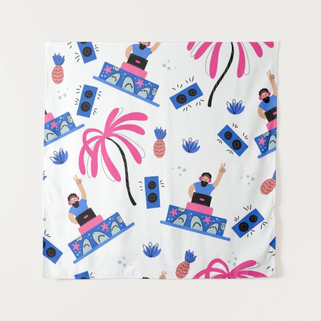 Tenture Joyeux DJ, motif de plage tropical. (Devant)