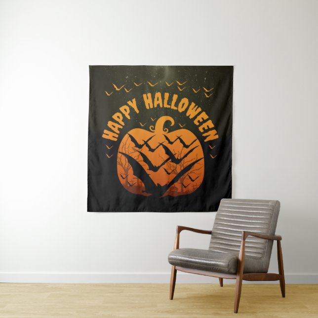 TENTURE JOYEUX HALLOWEEN CHAUVES-SOURIS ET CITROUILLE  (En situation)