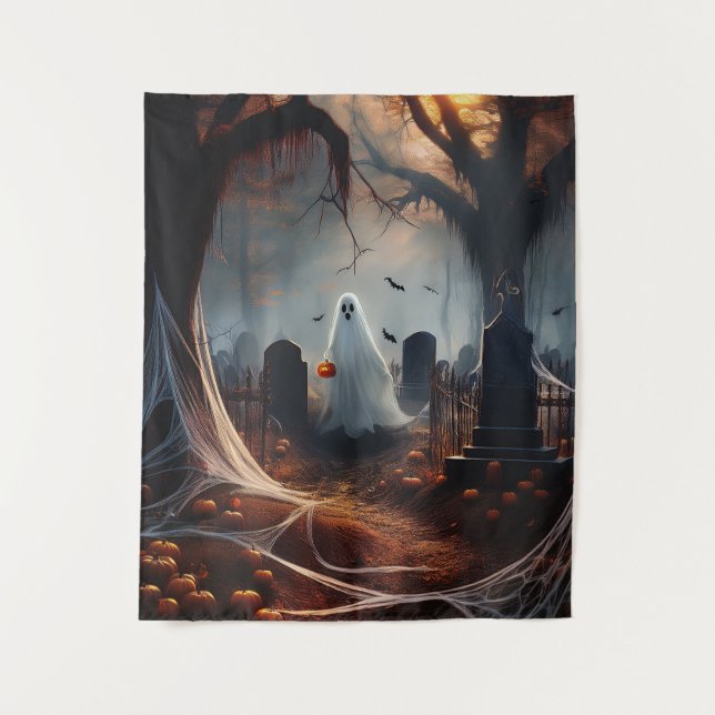 Tenture Joyeux Halloween Fantôme Dans un Cimetière (Devant)