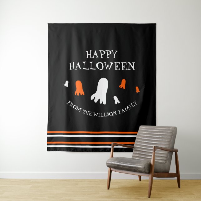 Tenture Joyeux Halloween Ghosts mignons Orange, Noir, Blan (En situation)