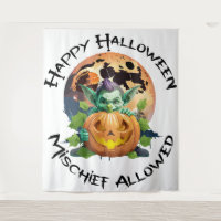 Joyeux Halloween Gobelin se cachant derrière une c