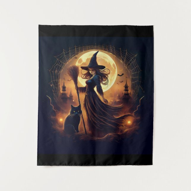 Tenture Joyeux Halloween Sorcière à Minuit (Devant)