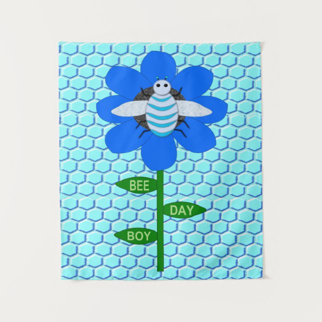 Tenture Joyeux jour de l'abeille garçon bleu anniversaire  (Devant)